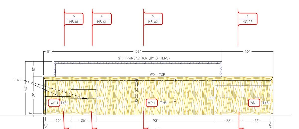 Anonymized AutoCAD reception desk elevation prepared for architectural millwork production