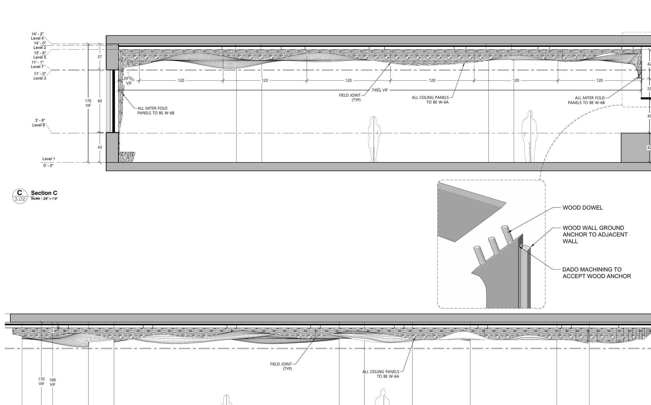 AutoCAD section and detail drawings for the Toca Madera curved slat ceiling